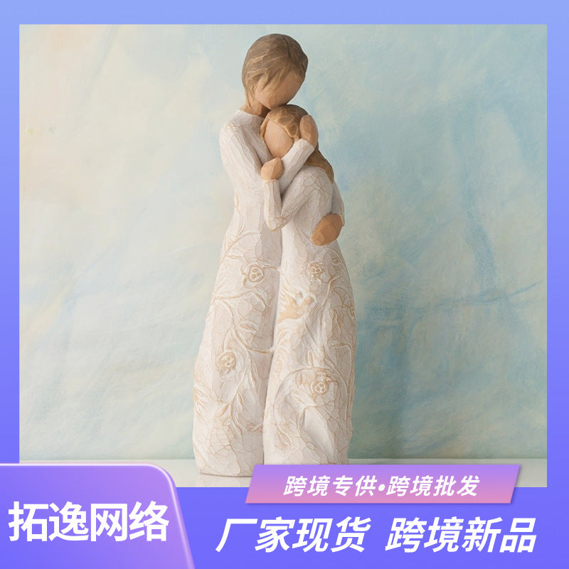跨境平台姐妹拥抱天使女孩花鸟手绘雕像摆件礼物TemuTk海外仓代发