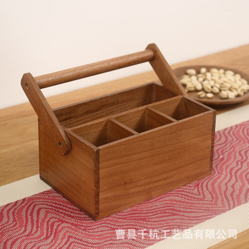 实木餐具收纳篮复古手提厨房刀具收纳盒木质家用整理碗筷收纳盒