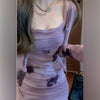 French Vintage Purple Ink Floral Slip Dress – Elegant Slim Fit Women's Dress