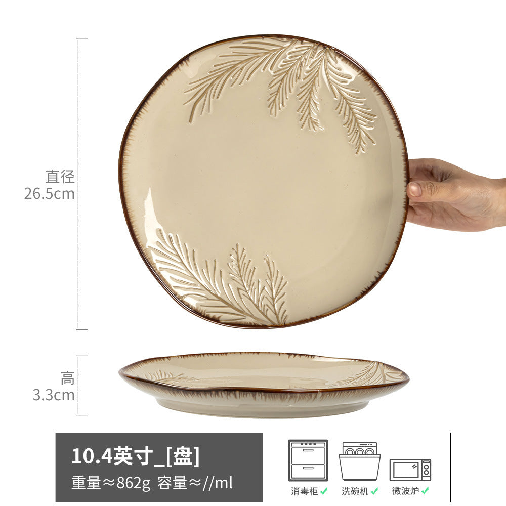 漂亮盘子家用高颜值陶瓷大盘复古餐具批发碗异形大碗沙拉碗拉面碗