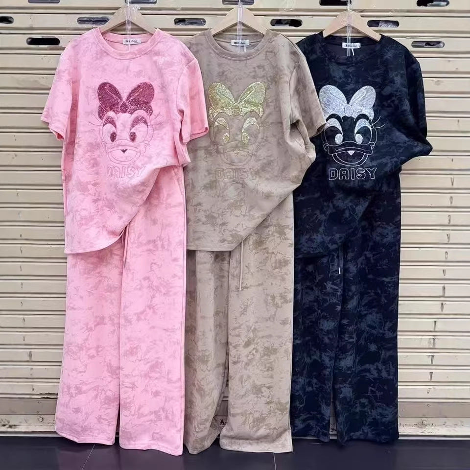 东南亚扎染时尚套装女夏季新款卡通印花短袖宽松阔腿裤休闲两件套