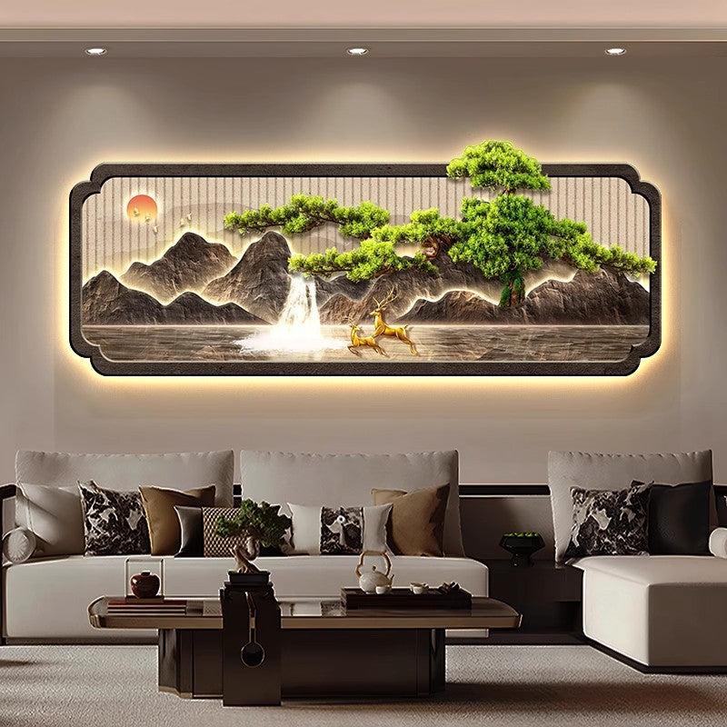 新中式客厅装饰画迎客松壁灯发光LED灯画沙发背景墙挂画轻奢壁画