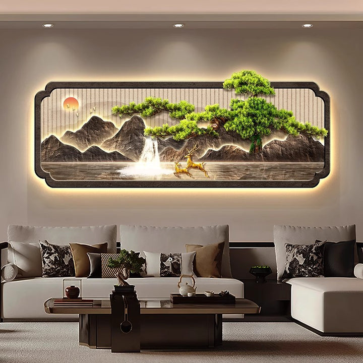 新中式客厅装饰画迎客松壁灯发光LED灯画沙发背景墙挂画轻奢壁画