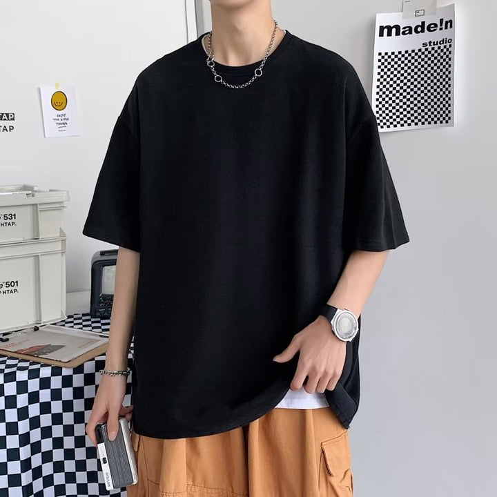 潮流港风短袖恤男韩版休闲夏季五分袖潮牌百搭半袖上衣白色