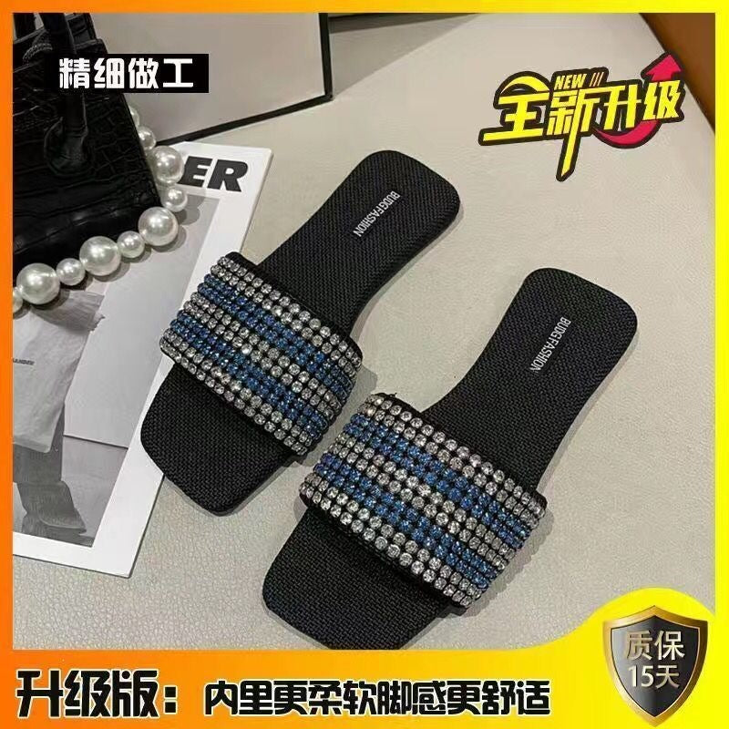 网红平底时尚2022露趾新款方头潮凉拖鞋夏水钻一字拖鞋女外穿时尚