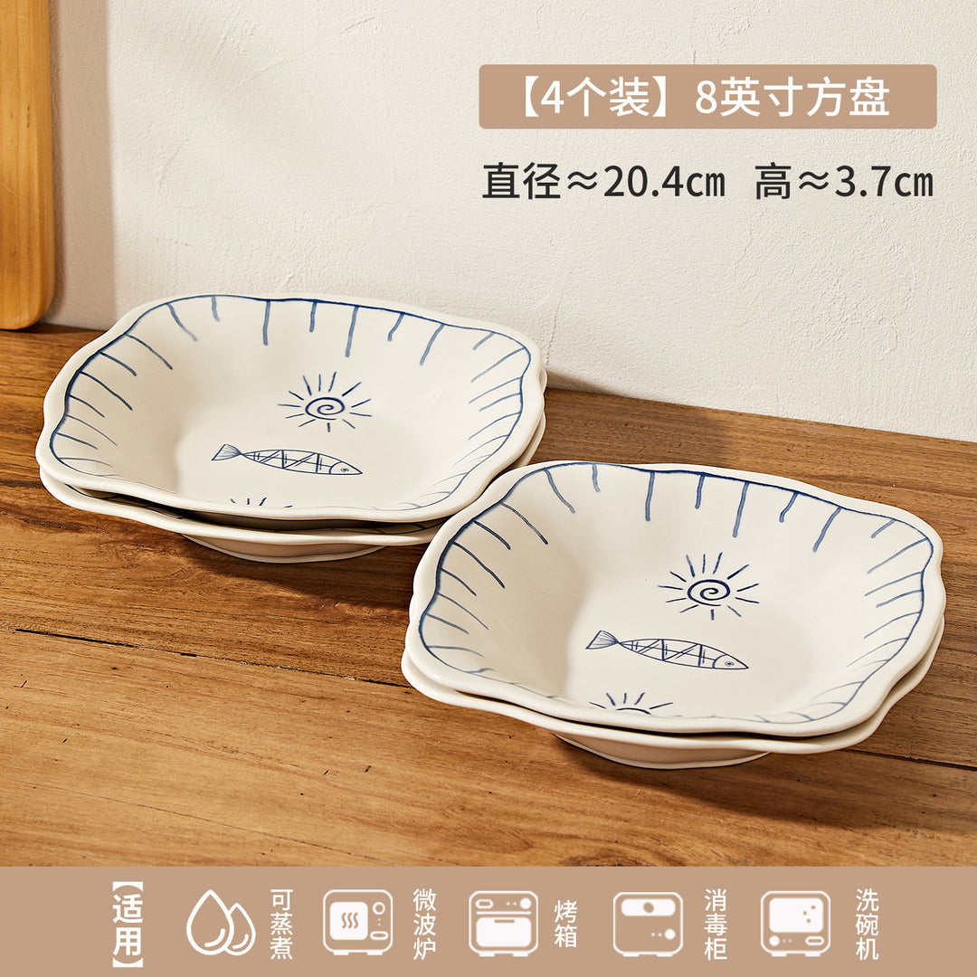日式年年有鱼家用陶瓷米饭碗餐具釉彩碗盘碗碟套装小碗菜盘餐盘