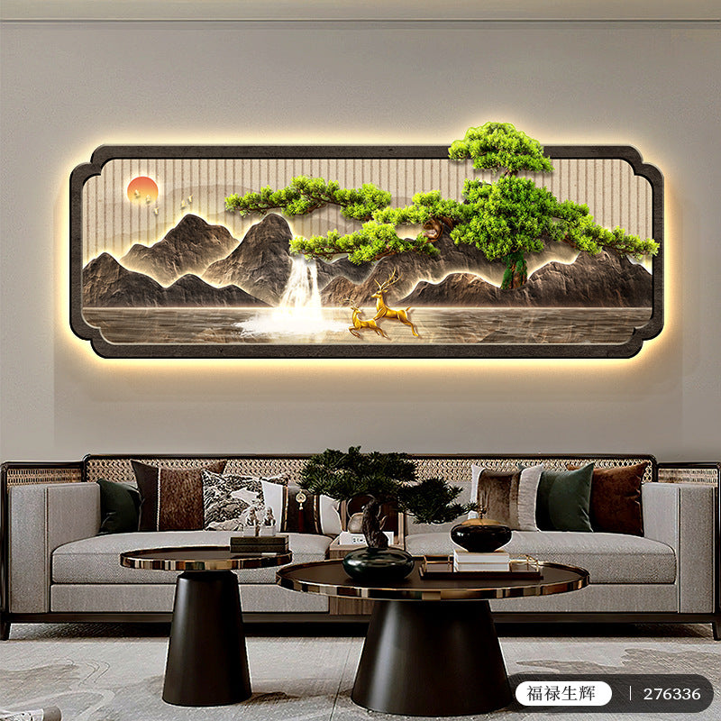 新中式客厅装饰画迎客松壁灯发光LED灯画沙发背景墙挂画轻奢壁画