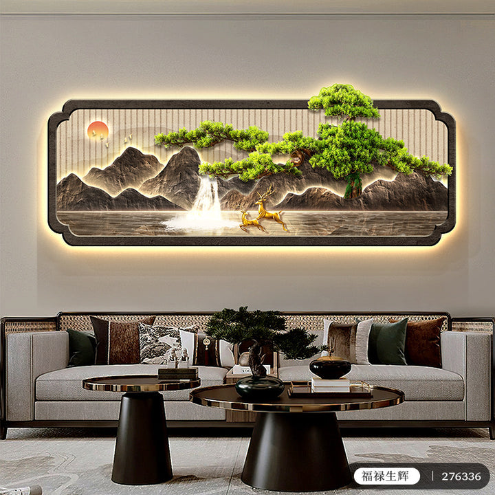 新中式客厅装饰画迎客松壁灯发光LED灯画沙发背景墙挂画轻奢壁画