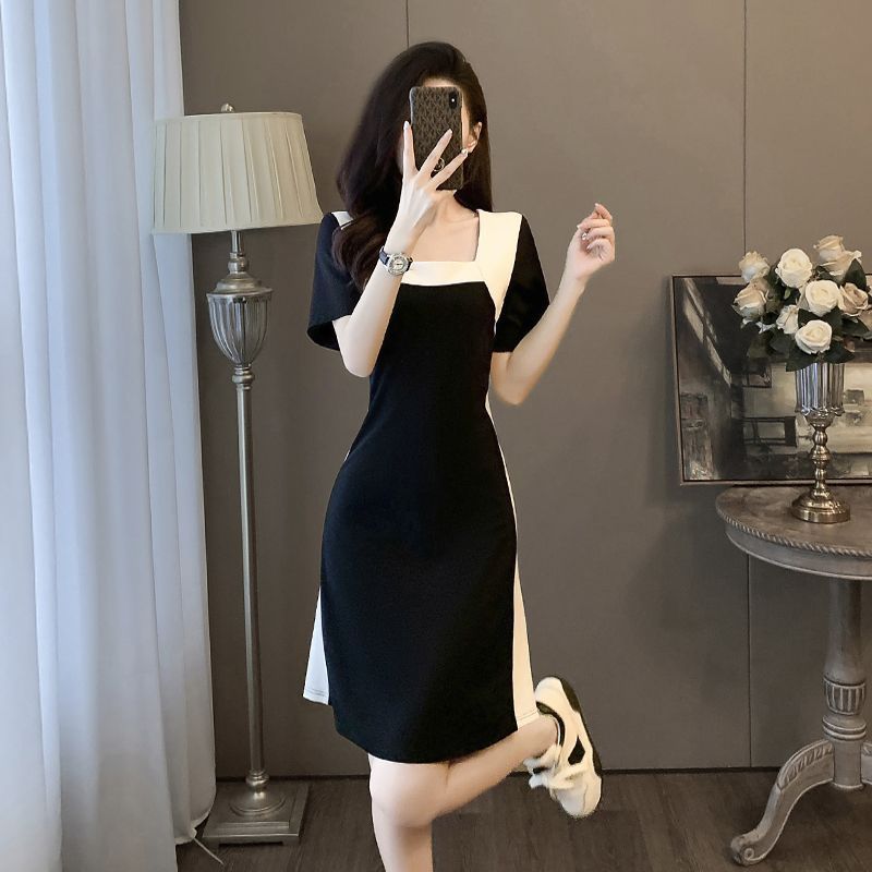 French Color-Block Slim Waist Spliced Summer Dress – Elegant Black & White Midi Dress