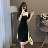 French Color-Block Slim Waist Spliced Summer Dress – Elegant Black & White Midi Dress