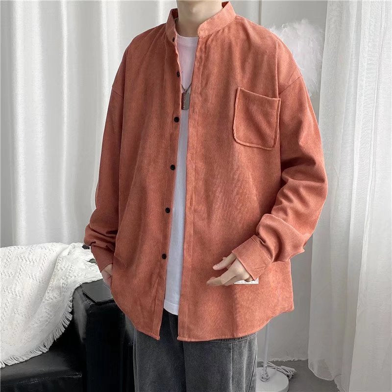 男士灯芯绒衬衫2022年新款港风潮流宽松日系复古黑色休闲衬衣外套