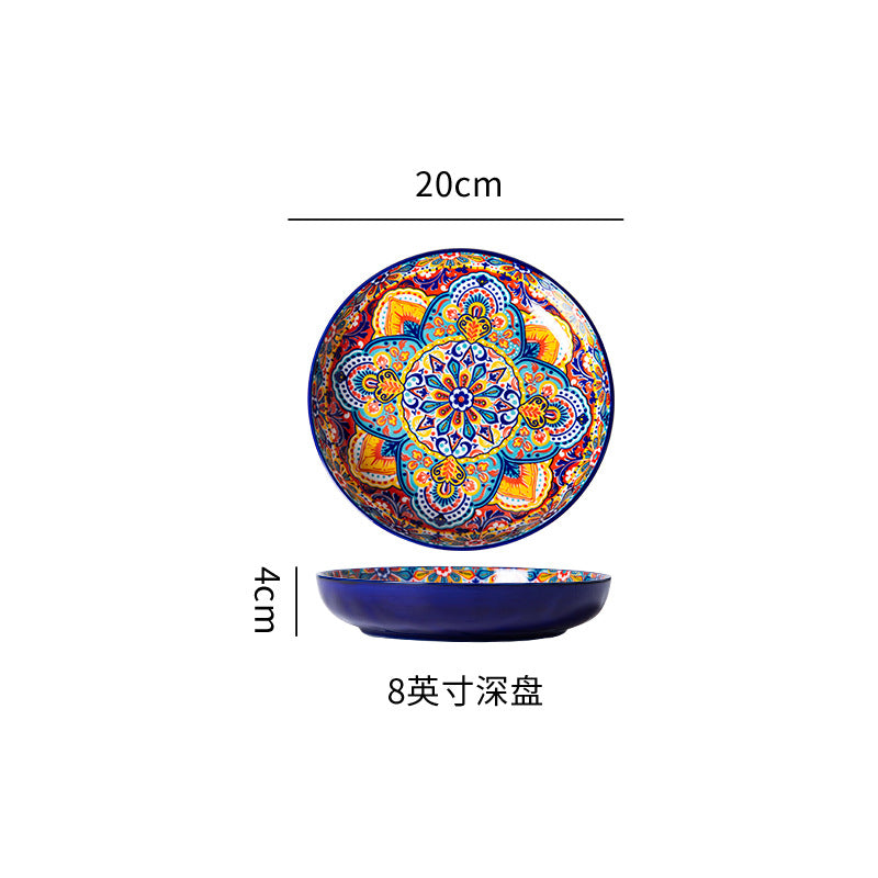 波西米亚陶瓷碗碟套装釉下彩饭碗家用复古双耳汤面碗高级感菜盘子