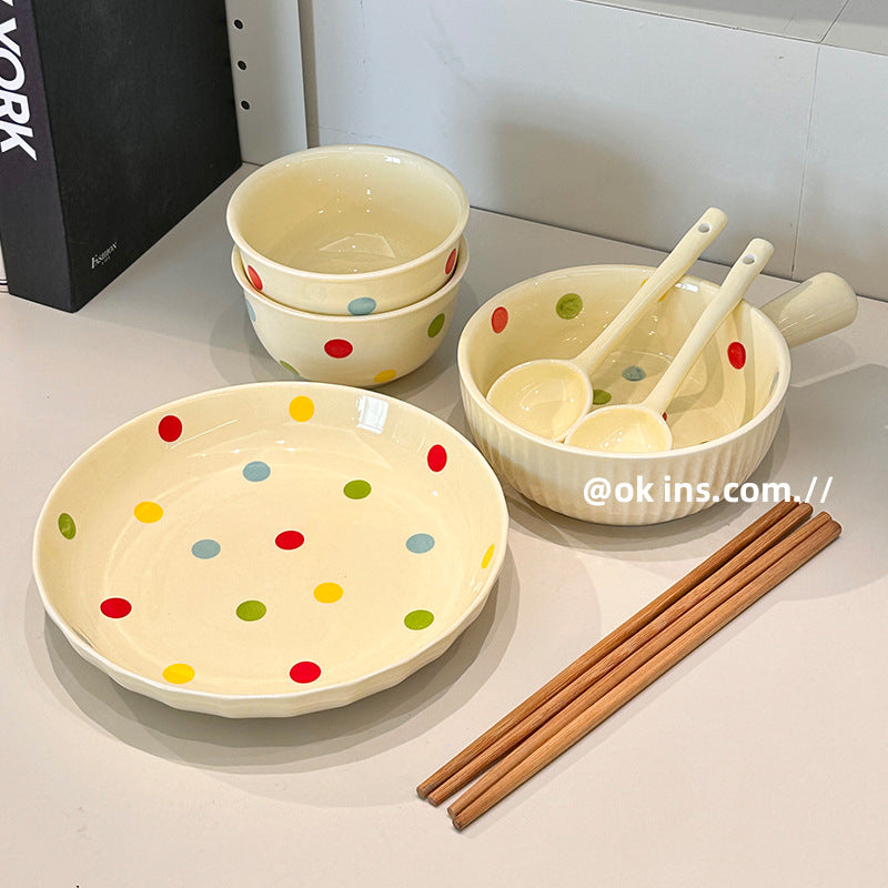 波点可爱陶瓷餐具组合套装碗碟米饭碗一人食碗盘套装家用筷子勺子