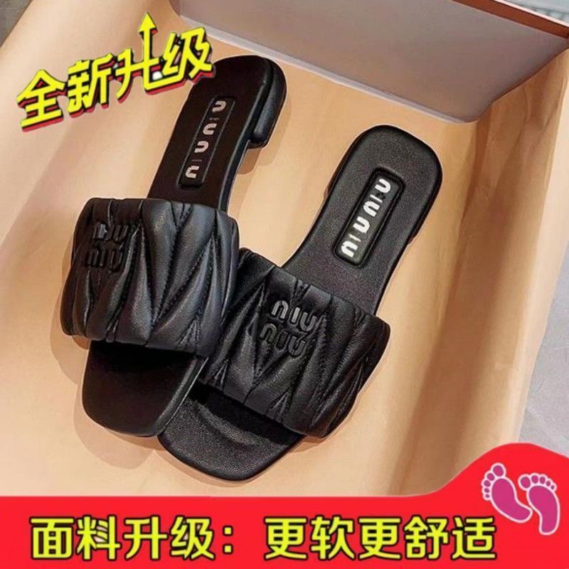 夏日浪漫 拖鞋女款夏季外穿少女褶皱平跟底防滑度假三亚方头凉拖