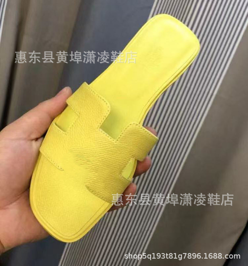 跨境外贸经典H拖鞋羊皮平底女拖鞋沙滩一字拖鞋女士凉拖鞋