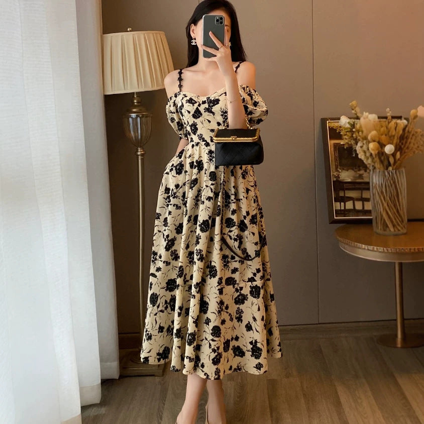 Sexy Floral Off-Shoulder Slip Dress – French Vintage Slim Fit Maxi Dress
