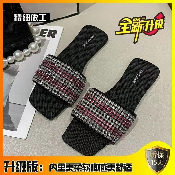 网红平底时尚2022露趾新款方头潮凉拖鞋夏水钻一字拖鞋女外穿时尚