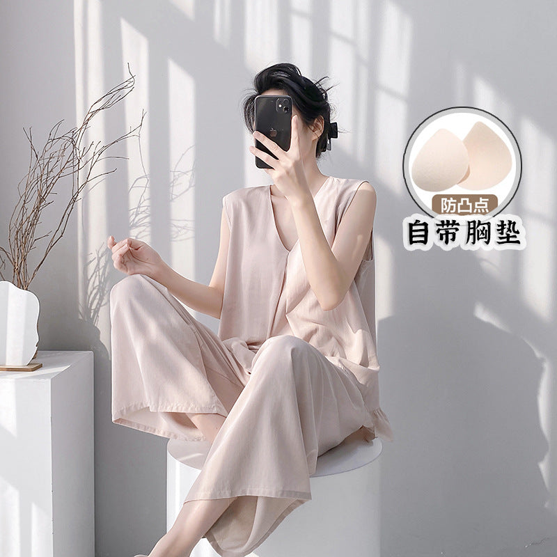 2026新款棉绸睡衣女春夏季带胸垫纯色大码无袖背心长裤家居服套装
