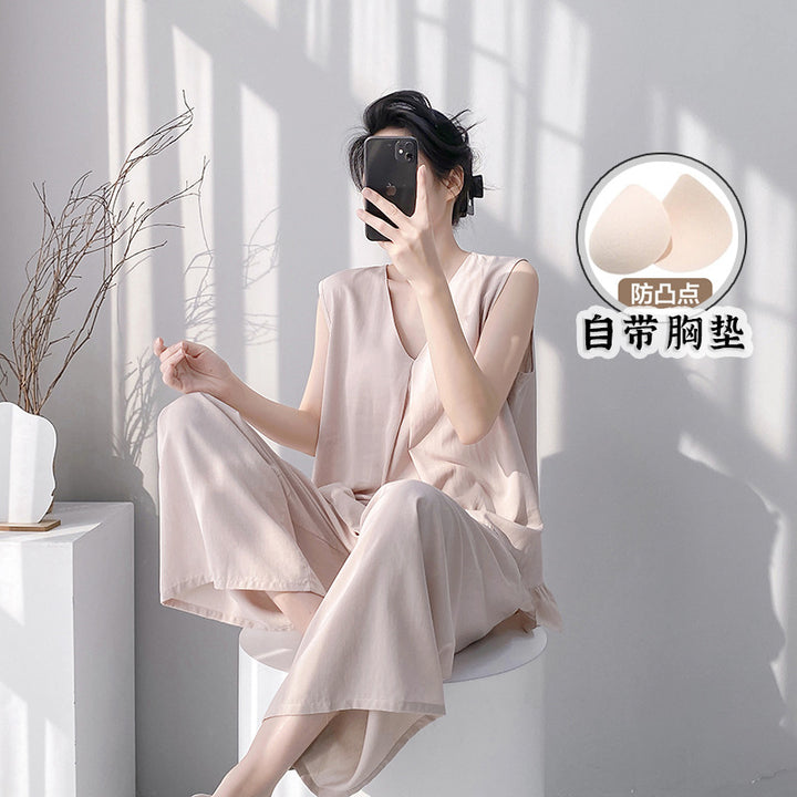 2026新款棉绸睡衣女春夏季带胸垫纯色大码无袖背心长裤家居服套装