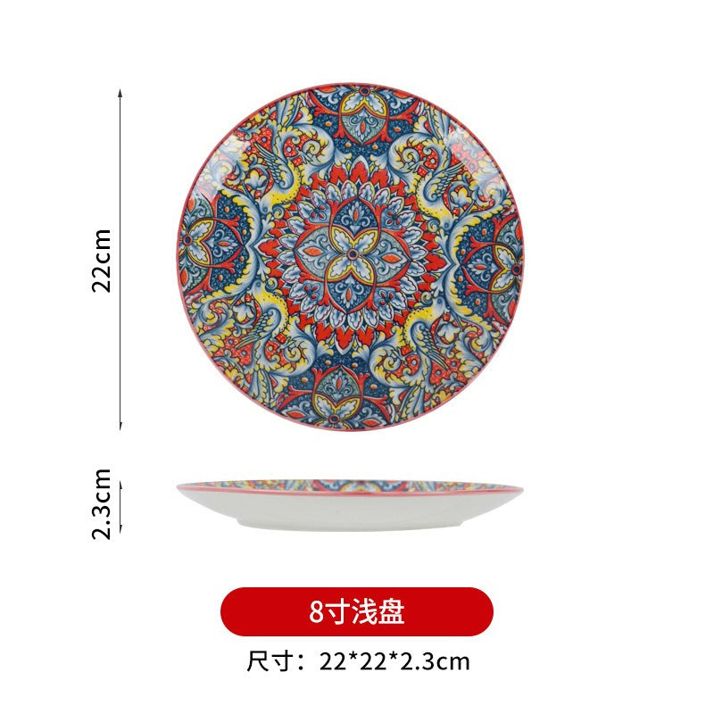 跨境波西米亚陶瓷餐具创意家用釉下彩饭碗汤碗手柄盘烤盘餐具套装