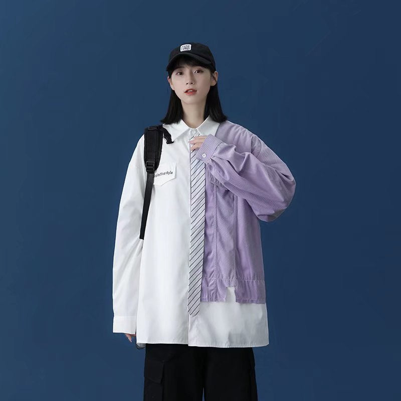 春季新款长袖衬衫男设计感小众港风痞帅炸街dk制服男假两件衬衣