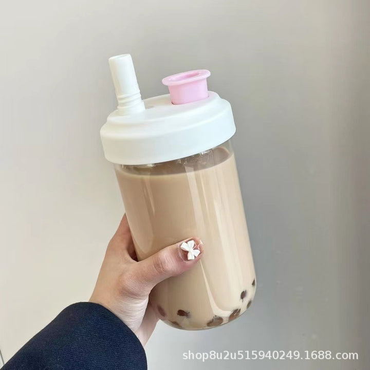 大容量珍珠奶茶吸管玻璃杯 高颜值简约学生珍珠奶嘴杯子