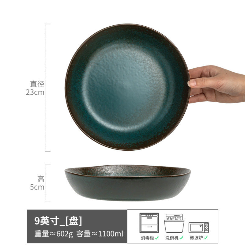 高颜值深盘圆形便宜碗复古陶瓷菜碗家用盘子餐具碗碟批发外贸尾单