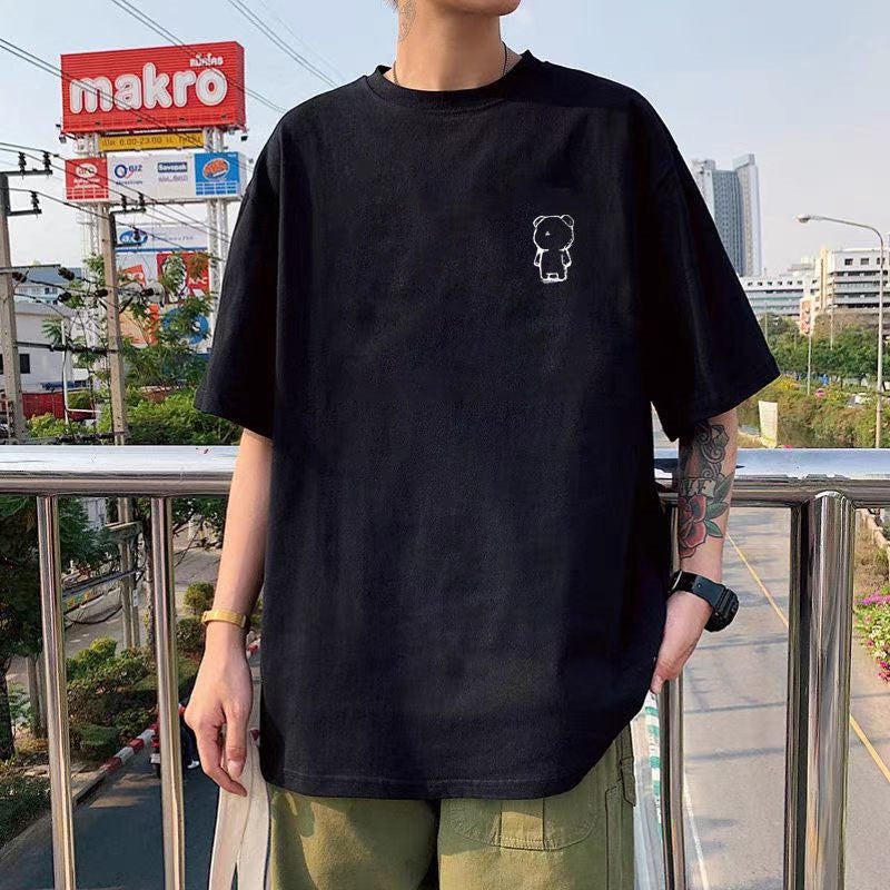 纯棉短袖高级感T恤男港风潮牌大码圆领体恤青少年五分袖厂家直销