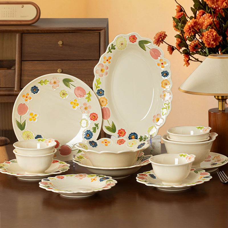 New Floral Bowl Underglaze Small Ceramic Tableware Bowl & Plate Set Home Dish Housewarming Wholesale