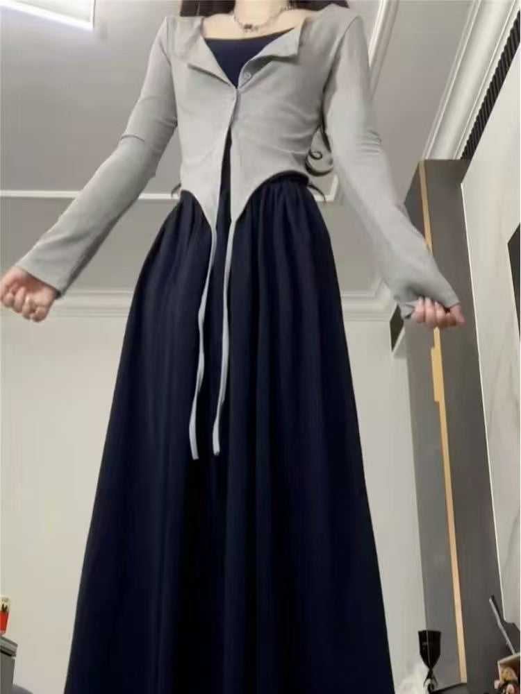法式气质蓝色吊带连衣裙子女秋季2025新款修身掐腰感长裙套装