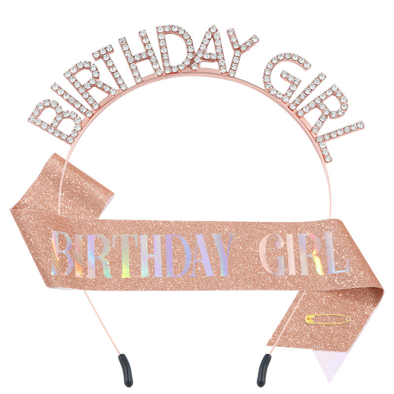 时尚水钻发箍肩带BIRTHDAY GIRL套装 女孩生日装饰腰带派对礼物