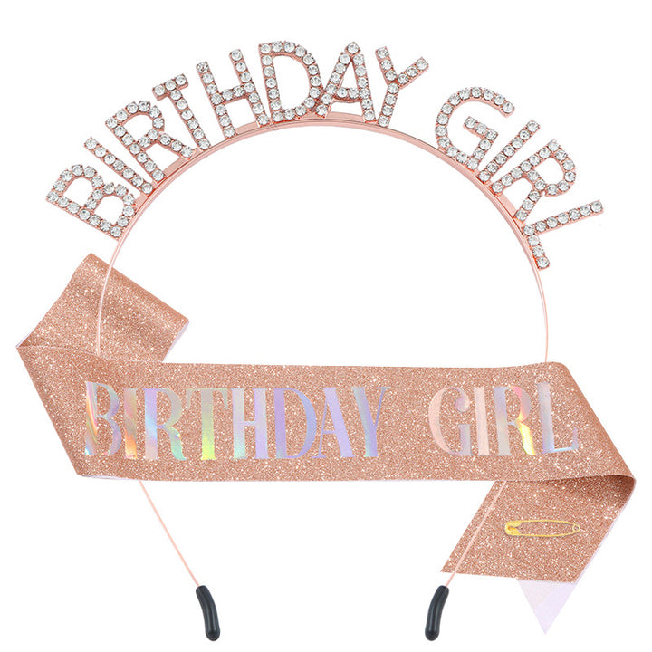 时尚水钻发箍肩带BIRTHDAY GIRL套装 女孩生日装饰腰带派对礼物