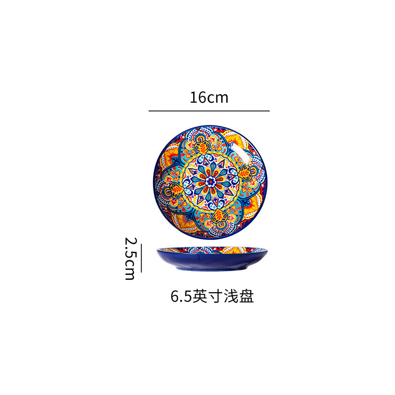 波西米亚陶瓷碗碟套装釉下彩饭碗家用复古双耳汤面碗高级感菜盘子