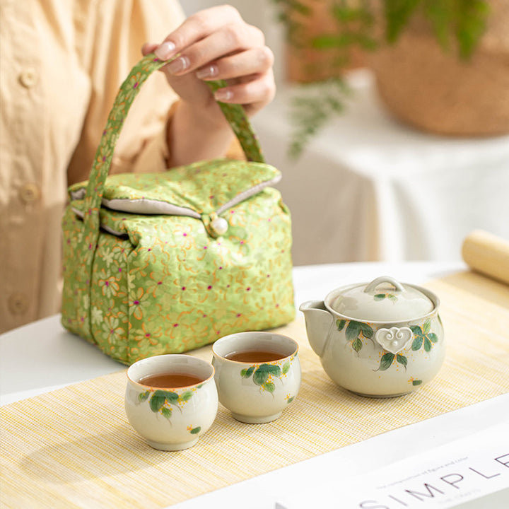 釉下彩纯手绘桂花功夫茶具草木灰一壶二杯收纳包家用陶瓷旅行套装