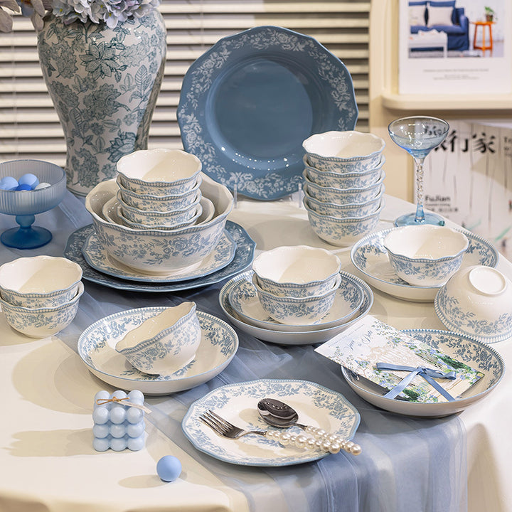 KANGMO Vintage Blue Floral Ceramic Set - Premium Rice Bowls & Soup Noodle Bowls