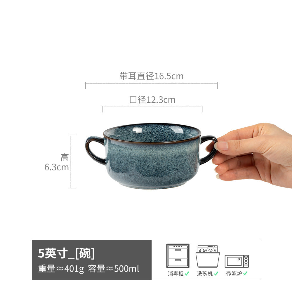 复古双耳陶瓷碗面碗酸奶碗双耳碗圆形菜碗汤碗日式碗餐具批发窑变