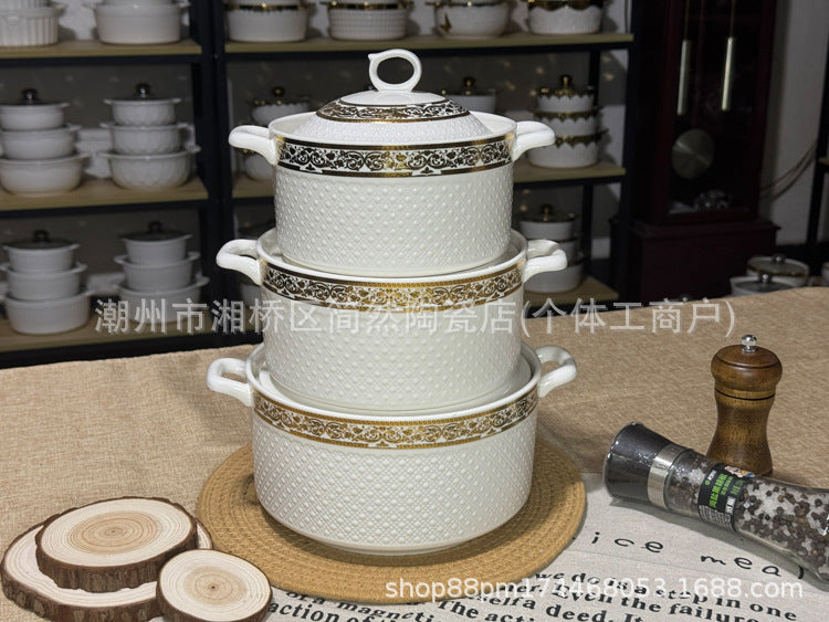 厂家批发双耳金边带盖汤锅跨境出口欧式浮雕陶瓷奶锅套装汤盆套锅