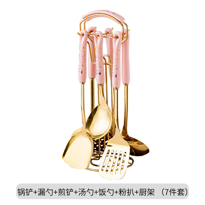 北欧轻奢厨具套装烹饪铲勺七件套陶瓷手柄不锈钢锅铲汤勺厨房用品