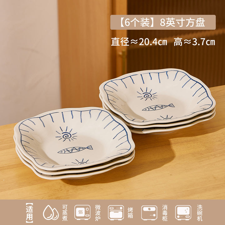 日式年年有鱼家用陶瓷米饭碗餐具釉彩碗盘碗碟套装小碗菜盘餐盘