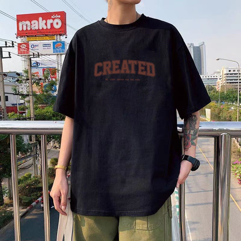 纯棉短袖高级感T恤男港风潮牌大码圆领体恤青少年五分袖厂家直销