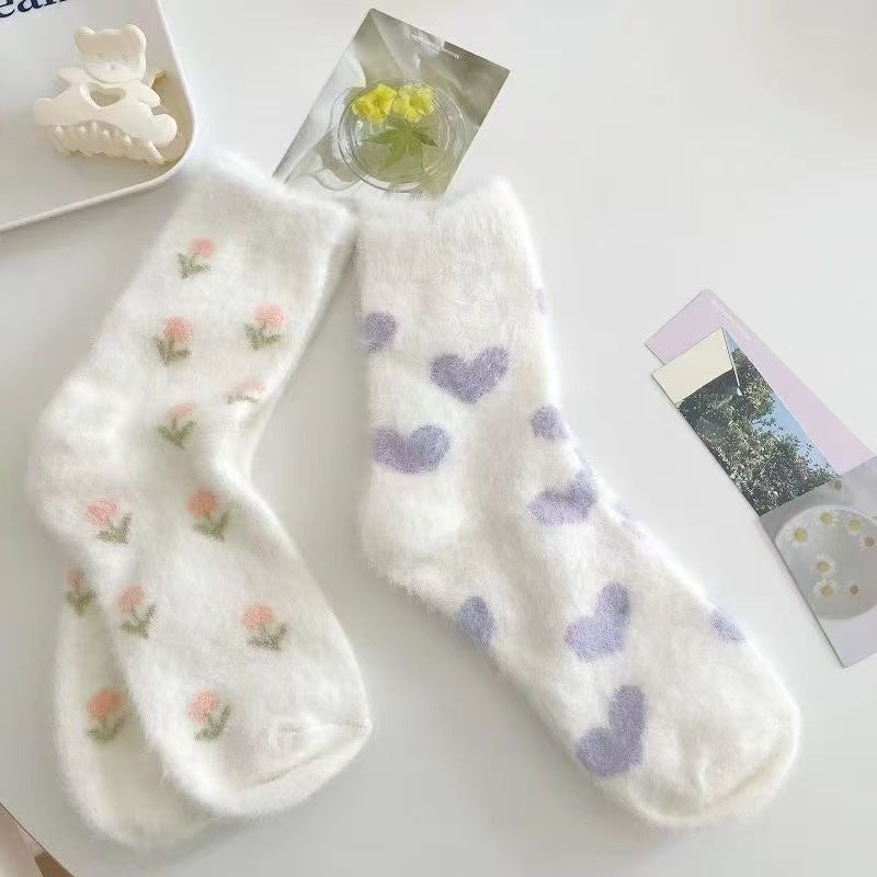 毛绒袜子踩屎感女冬季可爱加厚保暖水貂绒居家地板水貂绒中筒袜子