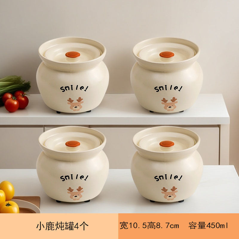新款奶油白小动物炖罐耐高温加厚陶瓷炖盅简约设计隔水蒸煮一人份