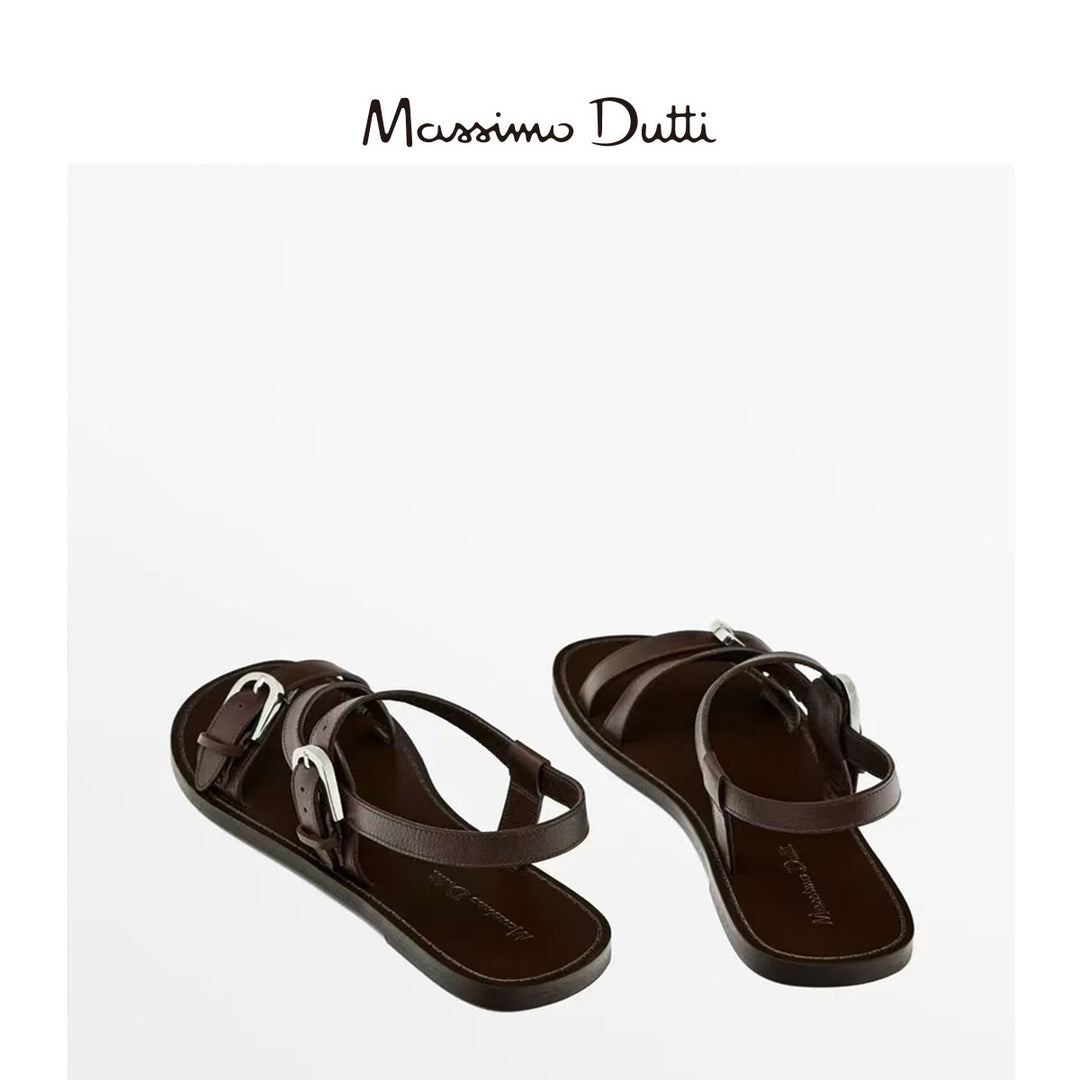 Massimo Dutti2026春夏新品女鞋真皮棕色金属扣饰交叉带平底凉鞋