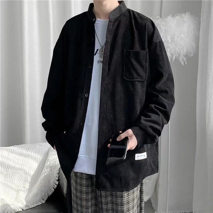 男士灯芯绒衬衫2022年新款港风潮流宽松日系复古黑色休闲衬衣外套