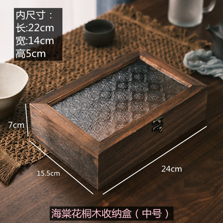 木质首饰盒复古杂物储物箱家用桐木防尘翻盖海棠花玻璃桌面收纳盒