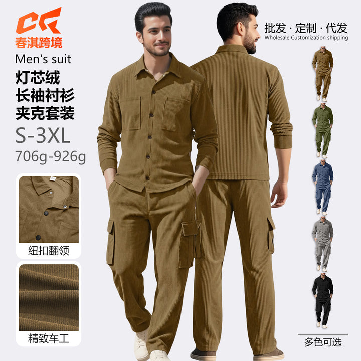 跨境亚马逊新款底特律通勤长袖衬衫工装长裤灯芯绒夹克休闲套装男