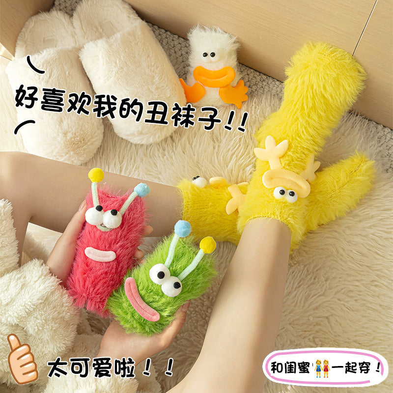 袜子女丑萌搞怪秋冬地板睡眠袜家居毛毛茸茸可爱保暖情侣袜中筒袜