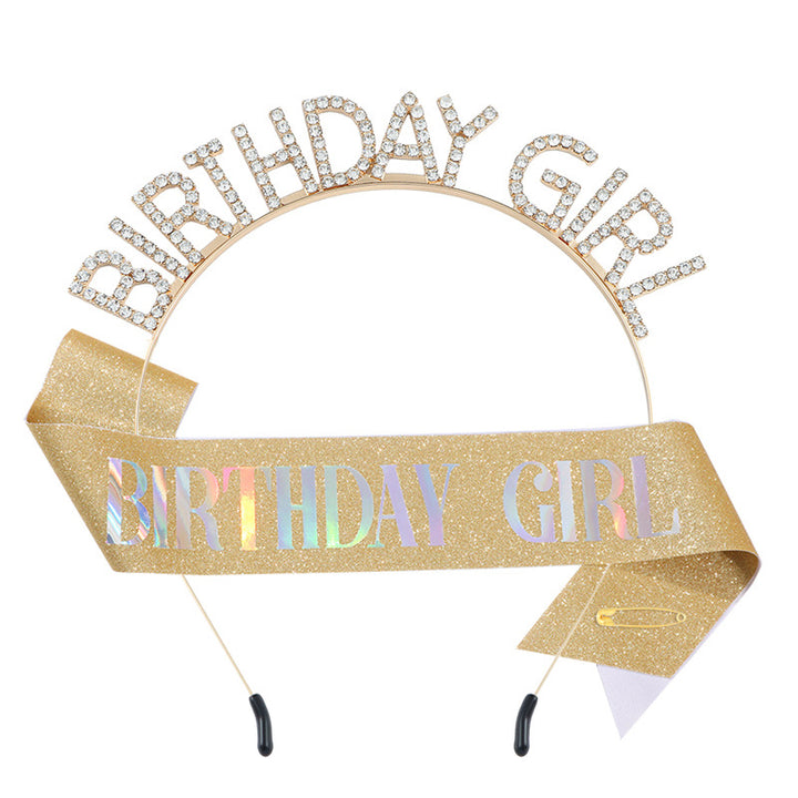 时尚水钻发箍肩带BIRTHDAY GIRL套装 女孩生日装饰腰带派对礼物