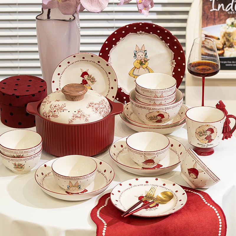KANGMO Vintage Style Ceramic Dining Set - Red Bowls Plates & Chopsticks Housewarming