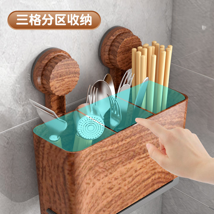 筷子收纳盒壁挂式厨房餐具木质中古沥水置物架家用勺子筷笼筷子筒